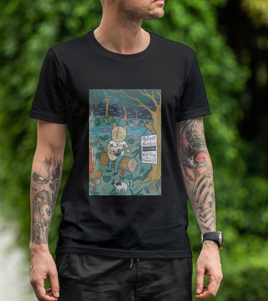 The Avett Brothers Wolf Trap Vienna Virginia 2026 Concert Cat Playing Guitar In Forest Scene T-Shirt