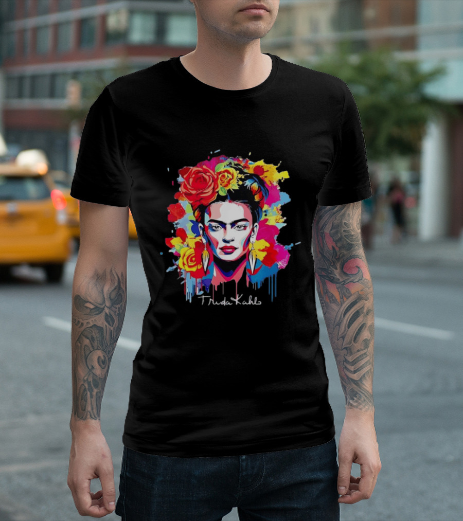 Frida Kahlo Colorful Floral Mexican Artist Vibrant Roses And Dripping Paint T-Shirt