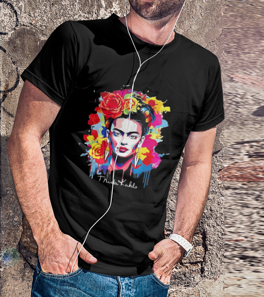 Frida Kahlo Colorful Floral Mexican Artist Vibrant Roses And Dripping Paint T-Shirt