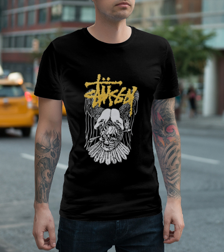 Stussy Two Headed Eagle Skull Yellow Text White Sketch T-Shirt