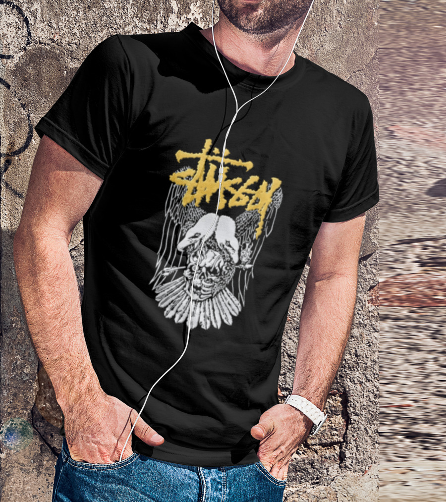 Stussy Two Headed Eagle Skull Yellow Text White Sketch T-Shirt
