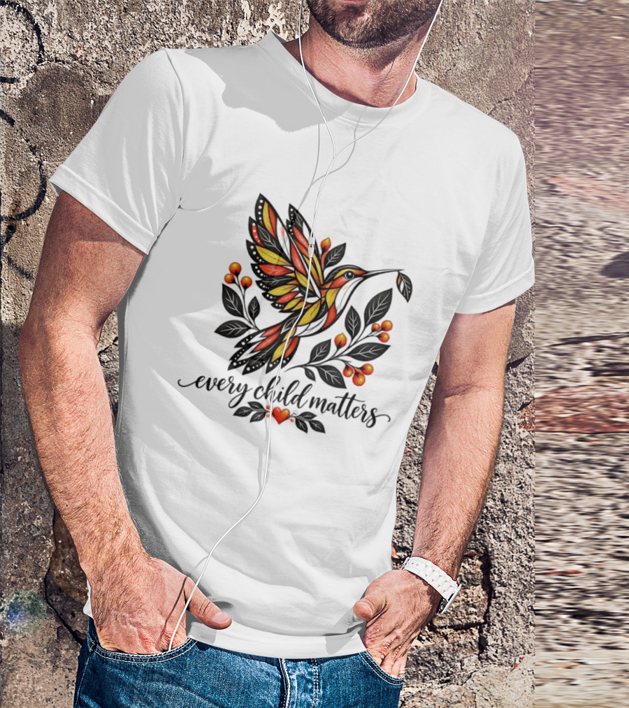 Every Child Matters Hummingbird Orange Awareness Floral Heart T-Shirt
