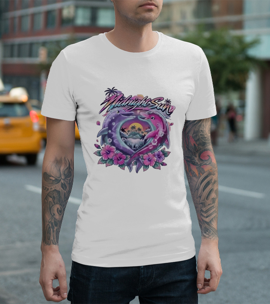 Midnight Sun Heart Dolphins Tropical Sunset T-Shirt