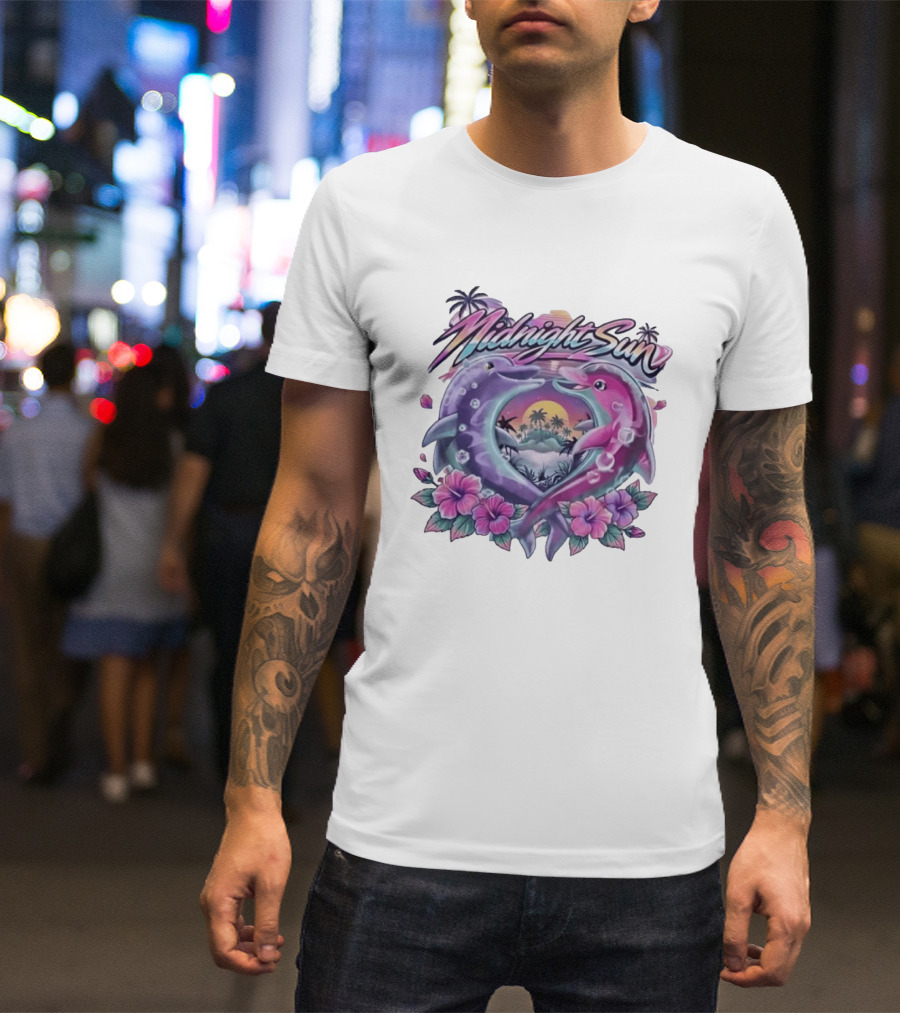 Midnight Sun Heart Dolphins Tropical Sunset T-Shirt