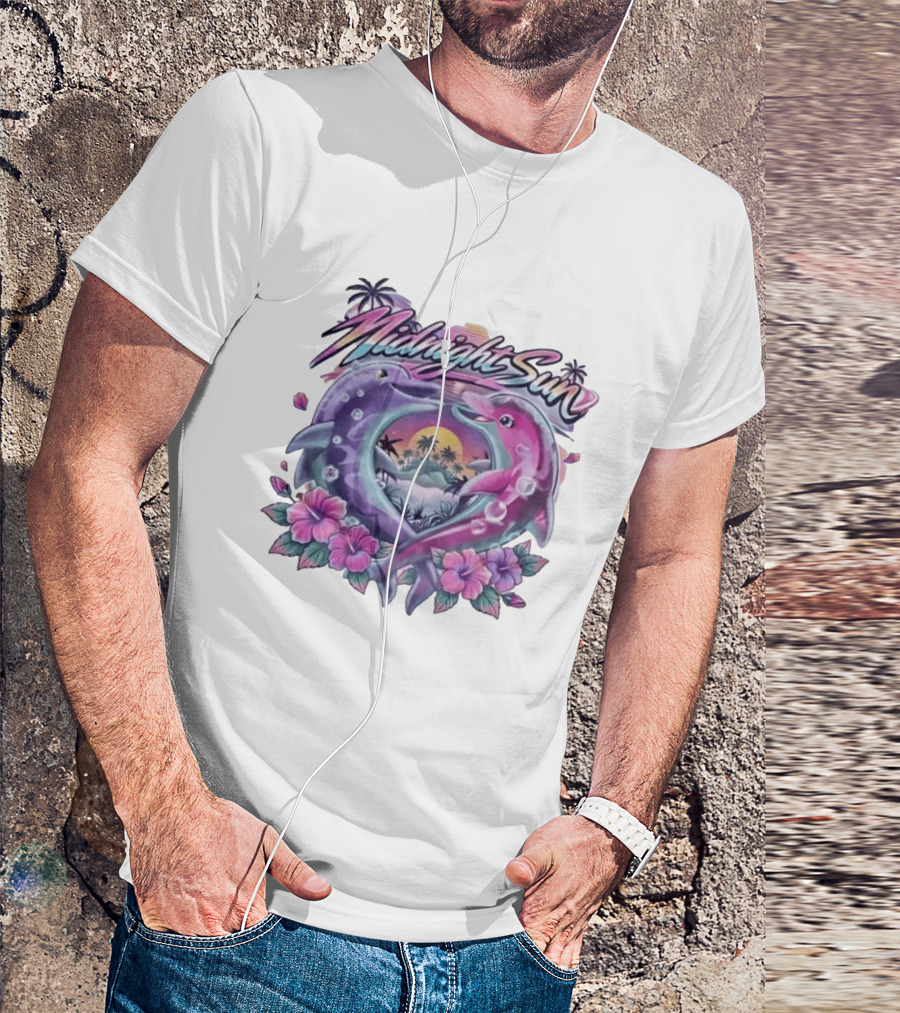Midnight Sun Heart Dolphins Tropical Sunset T-Shirt