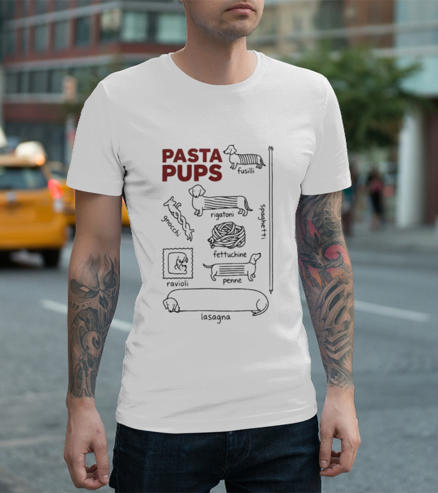 Pasta Pups Dachshund Fusilli Rigatoni Fettuccine Penne Ravioli Lasagna Gnocchi Spaghetti T-Shirt
