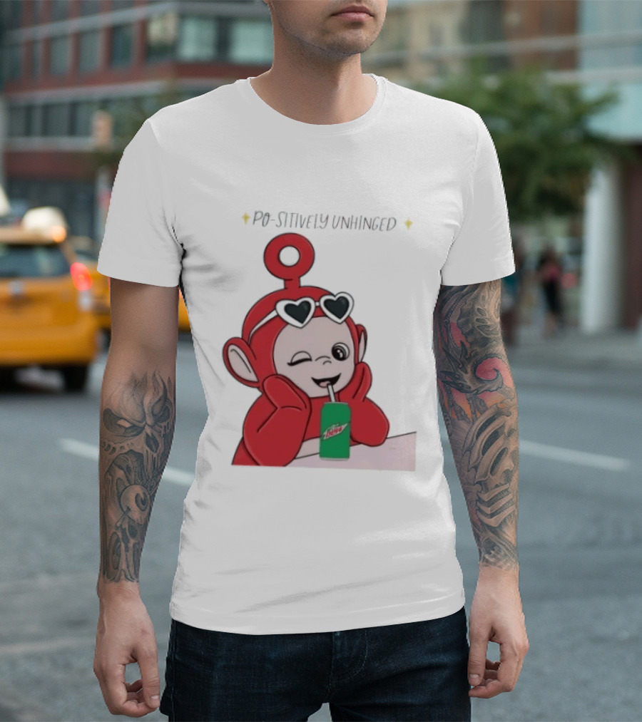 Po Sitively Unhinged Funny Red Teletubby Heart Sunglasses Drinking Mtn Dew T-Shirt