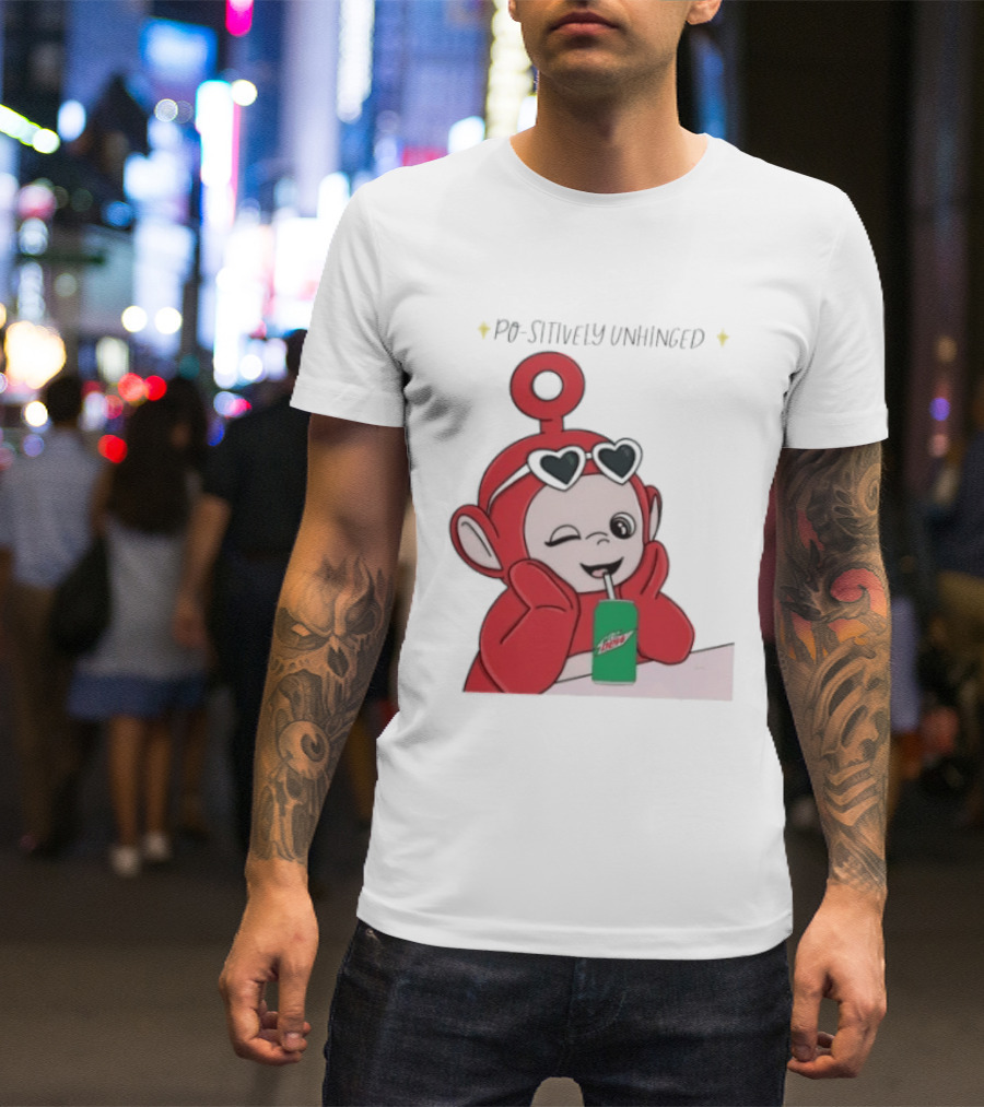 Po Sitively Unhinged Funny Red Teletubby Heart Sunglasses Drinking Mtn Dew T-Shirt