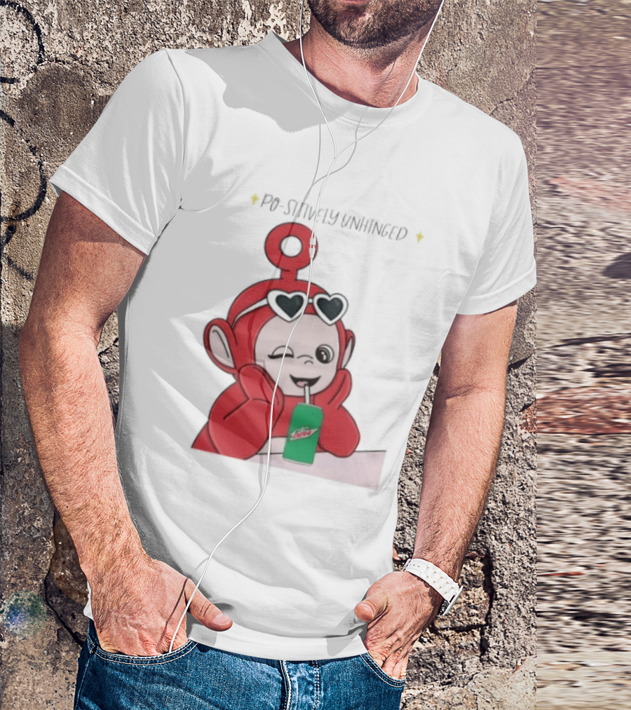 Po Sitively Unhinged Funny Red Teletubby Heart Sunglasses Drinking Mtn Dew T-Shirt