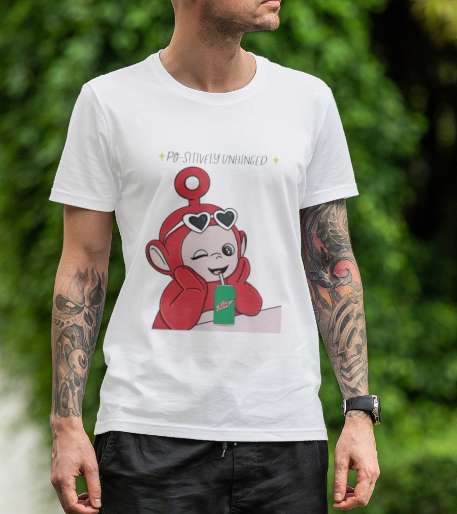 Po Sitively Unhinged Funny Red Teletubby Heart Sunglasses Drinking Mtn Dew T-Shirt