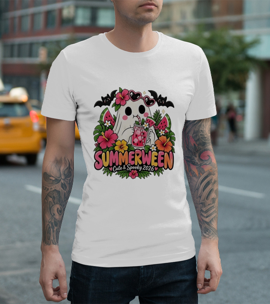 Summerween Cute And Spooky 2026 Ghost With Tropical Flowers And Bats T-Shirt