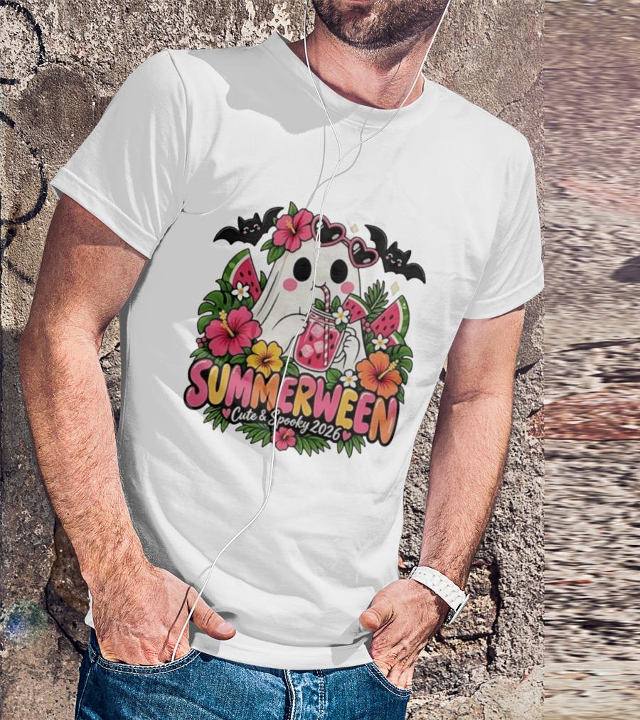 Summerween Cute And Spooky 2026 Ghost With Tropical Flowers And Bats T-Shirt