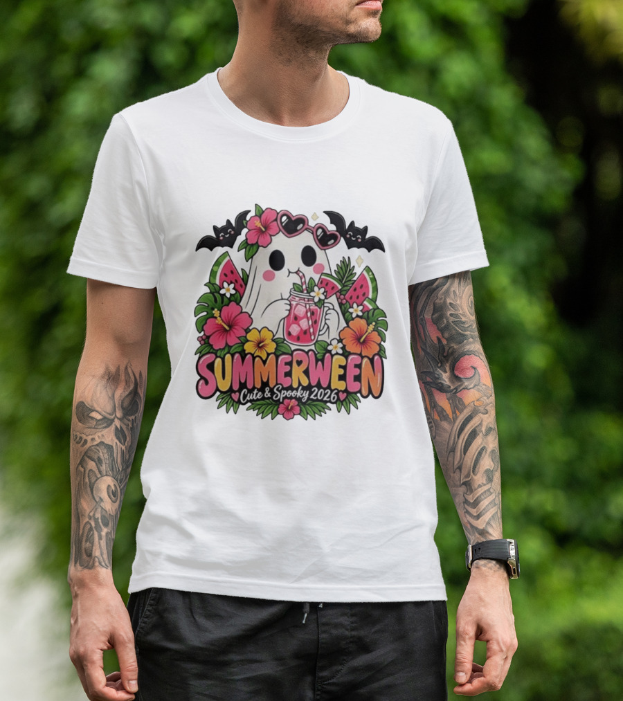 Summerween Cute And Spooky 2026 Ghost With Tropical Flowers And Bats T-Shirt