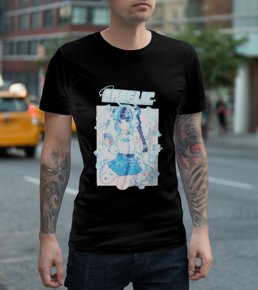 Angelic Anime Girl Halo Wings Headphones Cute Aesthetic Kawaii T-Shirt