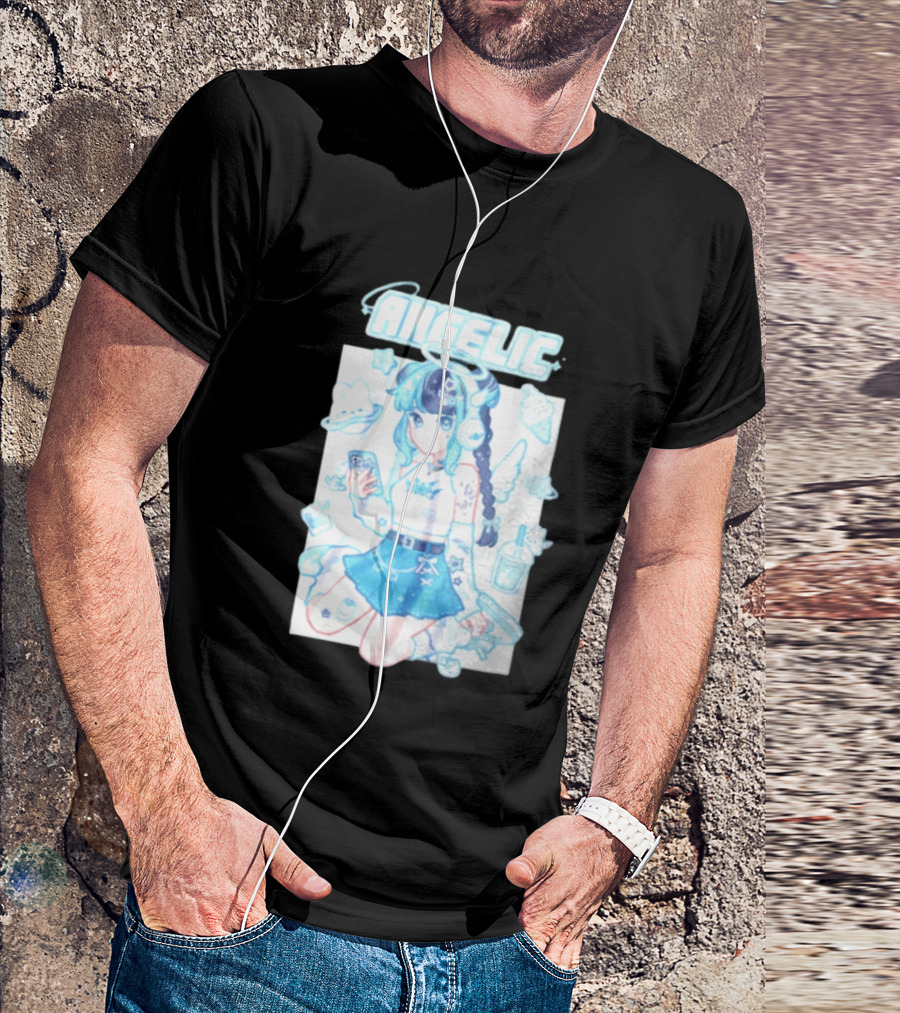 Angelic Anime Girl Halo Wings Headphones Cute Aesthetic Kawaii T-Shirt