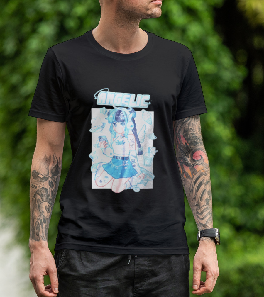 Angelic Anime Girl Halo Wings Headphones Cute Aesthetic Kawaii T-Shirt