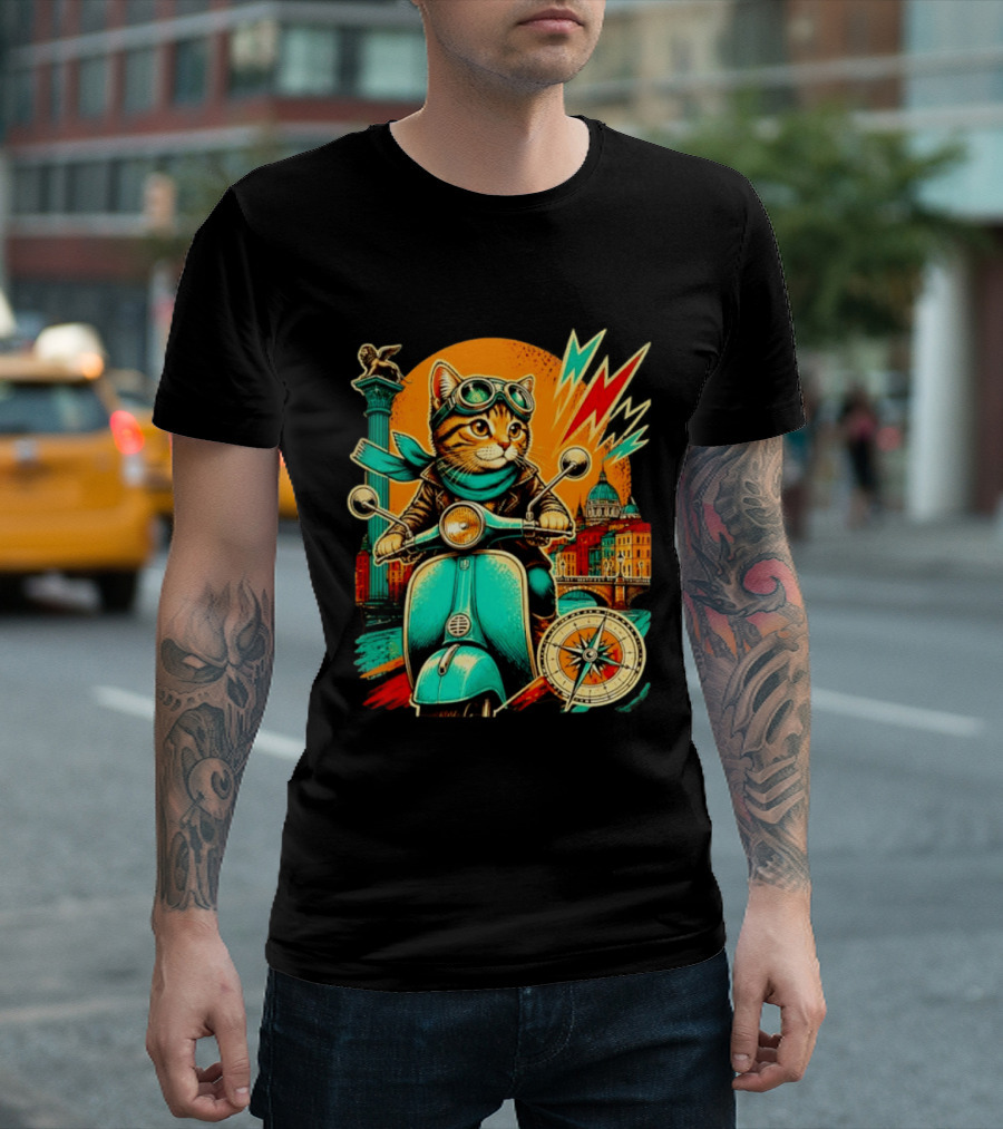 Cat On Scooter Adventure In Venice With Vibrant Cityscape And Compass T-Shirt