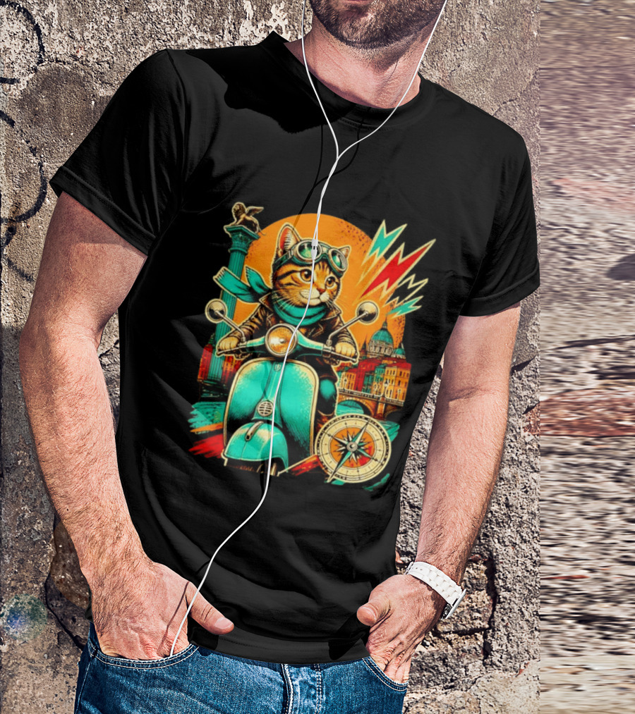 Cat On Scooter Adventure In Venice With Vibrant Cityscape And Compass T-Shirt