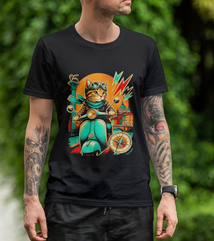 Cat On Scooter Adventure In Venice With Vibrant Cityscape And Compass T-Shirt