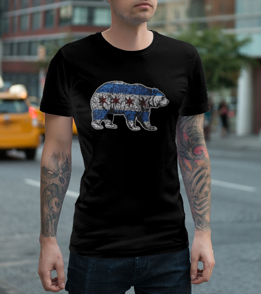 Chicago Bears Grizzly Bear Chicago Flag Stars Blue Stripes T-Shirt