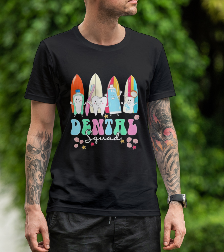 Dental Squad Toothpaste Toothbrush Floss Surfboards Fun Playful T-Shirt