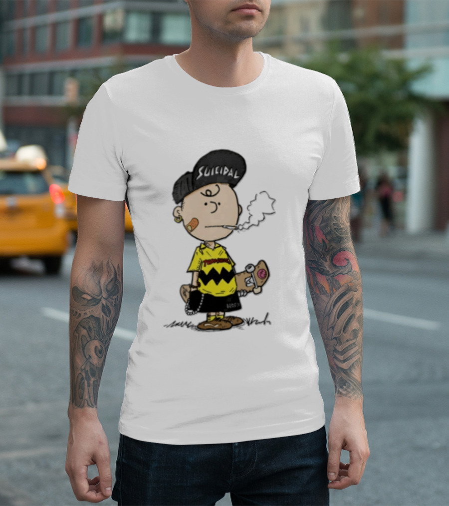 Charlie Brown Cartoon Boy Smoking Skateboard Punk Scumbag Thrasher T-Shirt