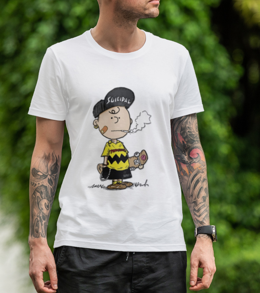 Charlie Brown Cartoon Boy Smoking Skateboard Punk Scumbag Thrasher T-Shirt