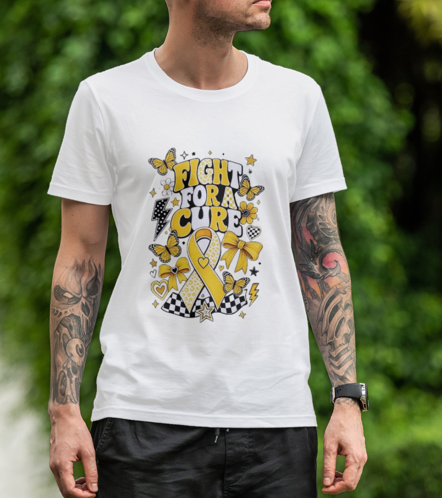 Fight For A Cure Yellow Ribbon Awareness Butterfly And Bow T-Shirt
