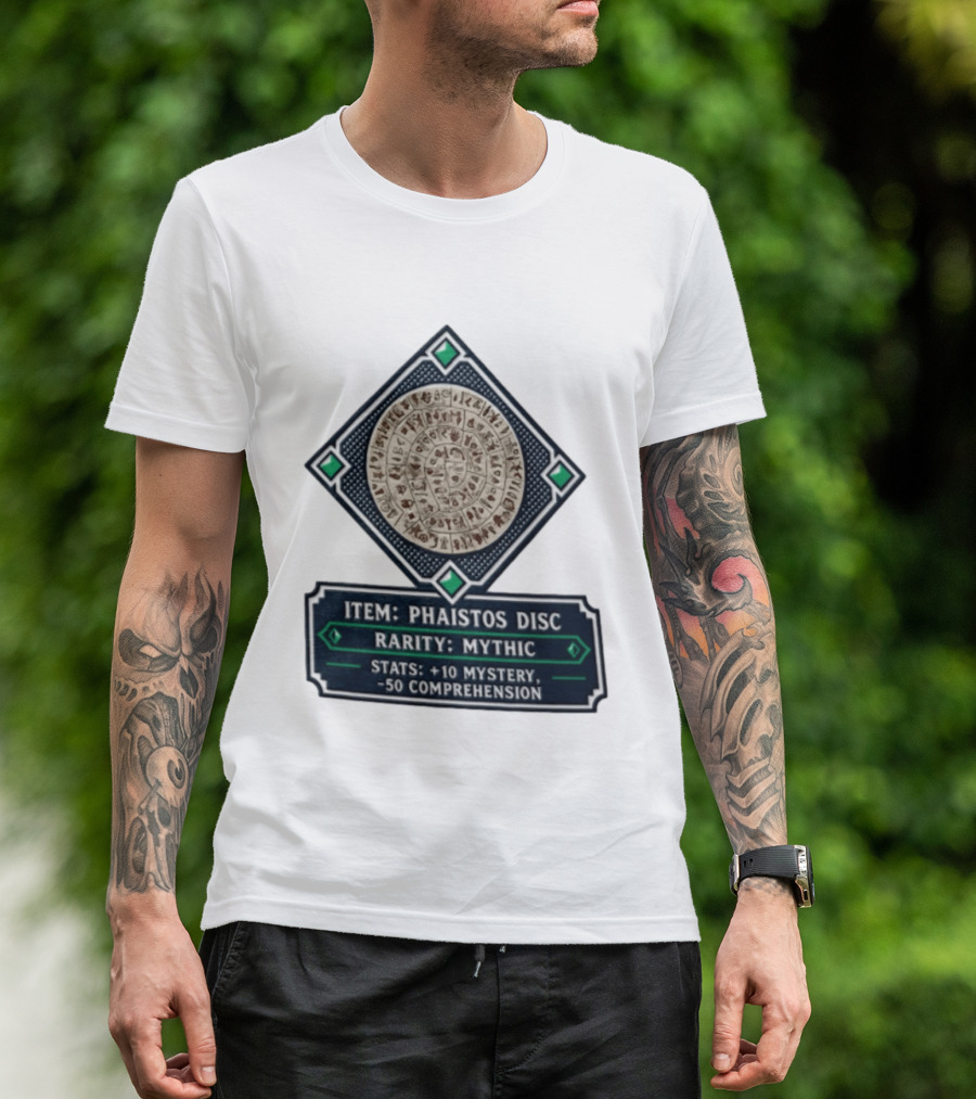 Item Phaistos Disc Rarity Mythic Stats +10 Mystery 50 Comprehension T-Shirt