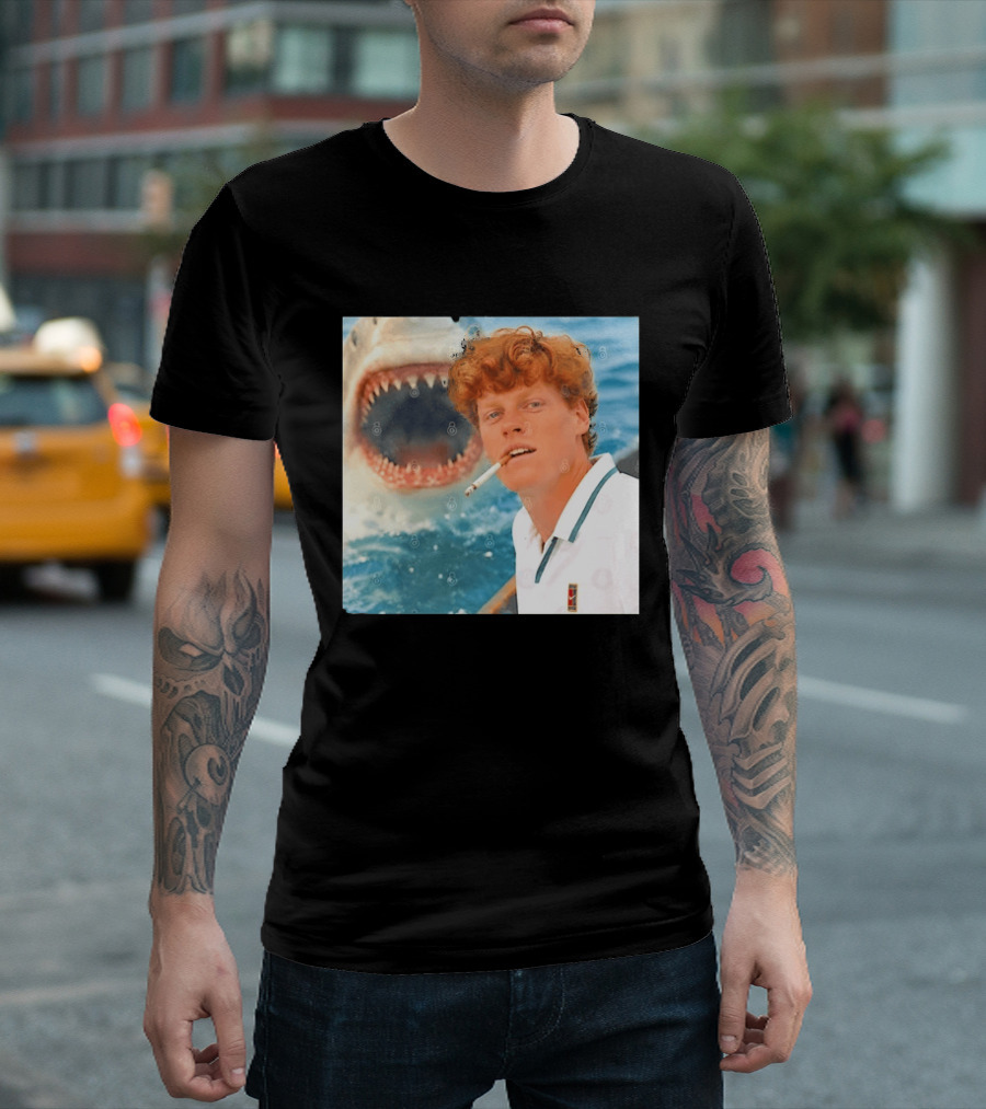 Jannik Sinner Smoking With Great White Shark Tennis Image T-Shirt