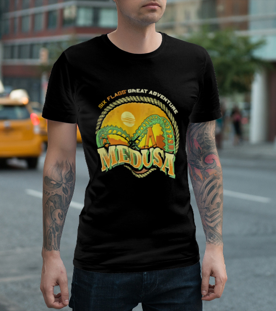 Six Flags Great Adventure Medusa Roller Loop Retro Sunburst T-Shirt