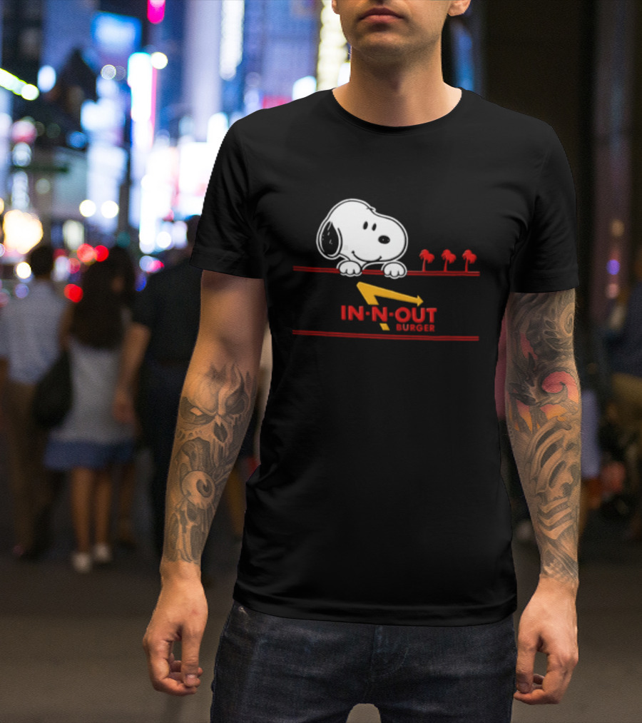 Snoopy Peeking Over In N Out Burger Red Lines With Palm Trees T-Shirt
