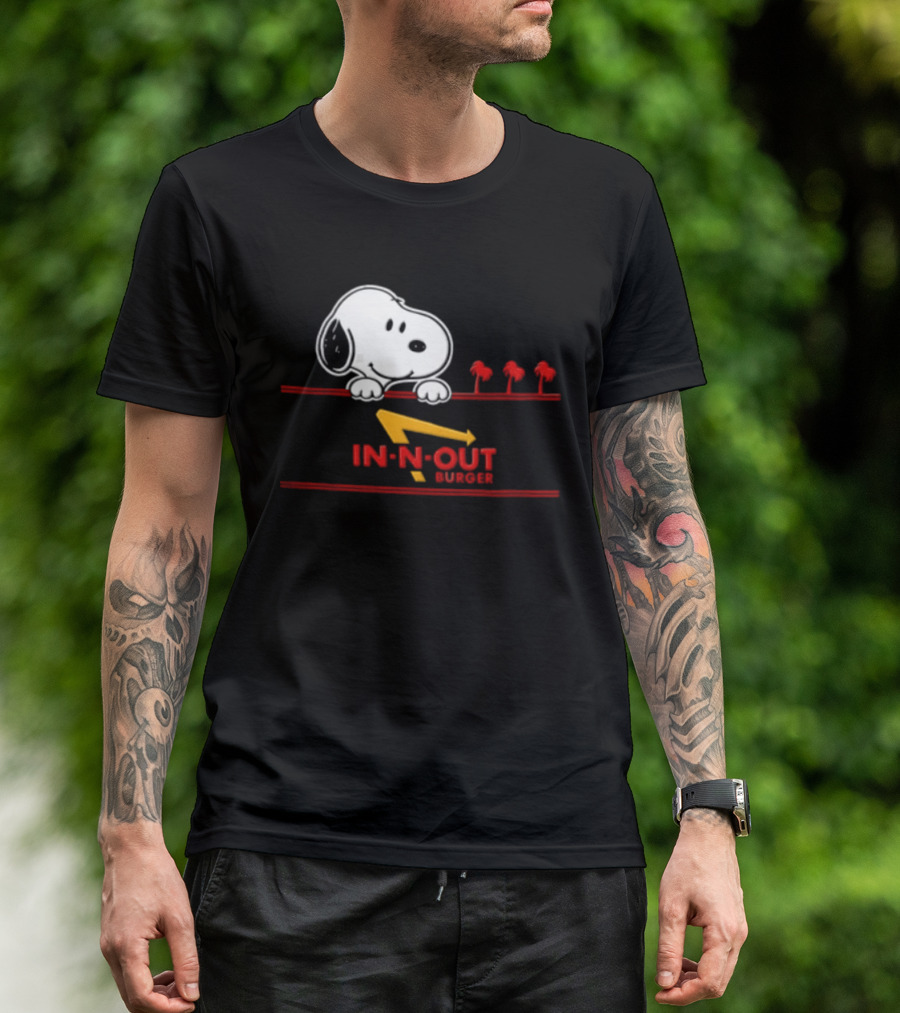 Snoopy Peeking Over In N Out Burger Red Lines With Palm Trees T-Shirt