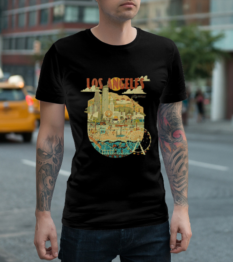 Los Angeles California Skyline Ferris Wheel And Beach Scene T-Shirt
