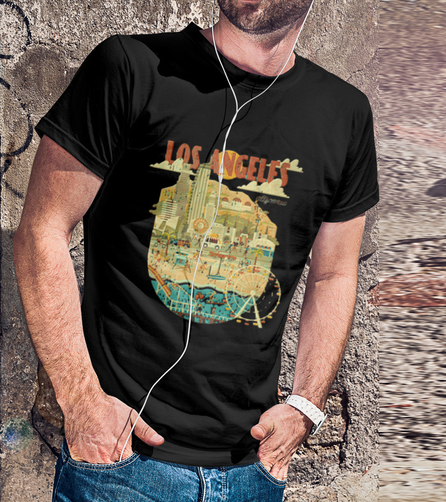 Los Angeles California Skyline Ferris Wheel And Beach Scene T-Shirt