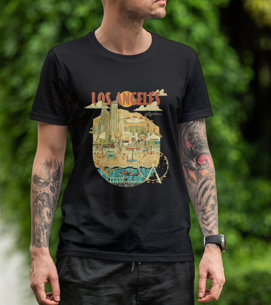 Los Angeles California Skyline Ferris Wheel And Beach Scene T-Shirt