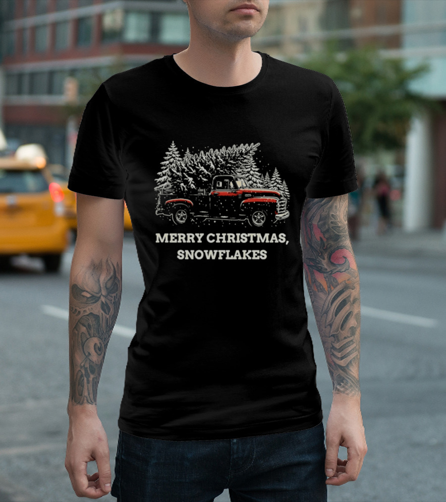 Merry Christmas Snowflakes Vintage Truck Winter Scene T-Shirt
