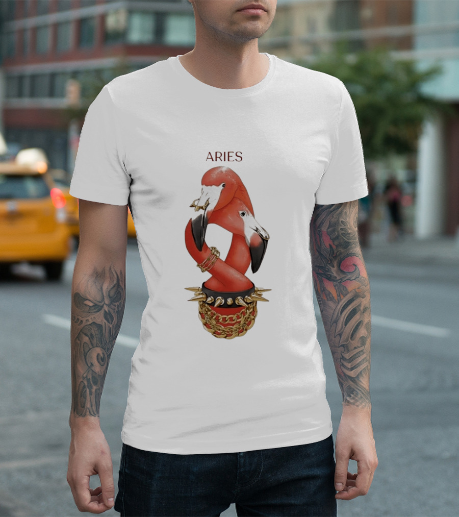 Aries Flamingo Punk Rock Zodiac Sign Astrology Bracelet Spikes T-Shirt