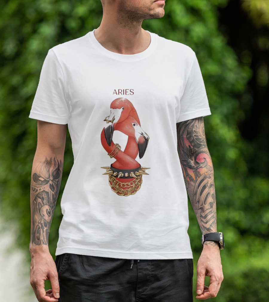 Aries Flamingo Punk Rock Zodiac Sign Astrology Bracelet Spikes T-Shirt