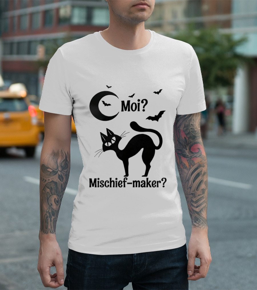 Moi Mischief Maker Black Cat Halloween Moon Bats T-Shirt