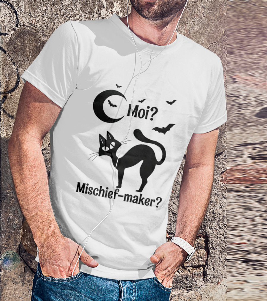 Moi Mischief Maker Black Cat Halloween Moon Bats T-Shirt