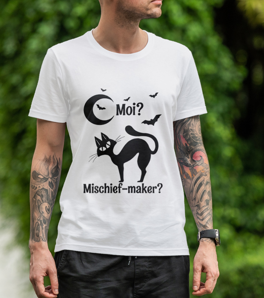 Moi Mischief Maker Black Cat Halloween Moon Bats T-Shirt