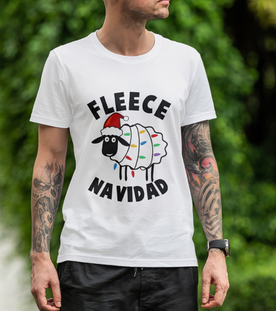 Fleece Navidad Christmas Sheep In Santa Hat With Holiday Lights Pun T-Shirt