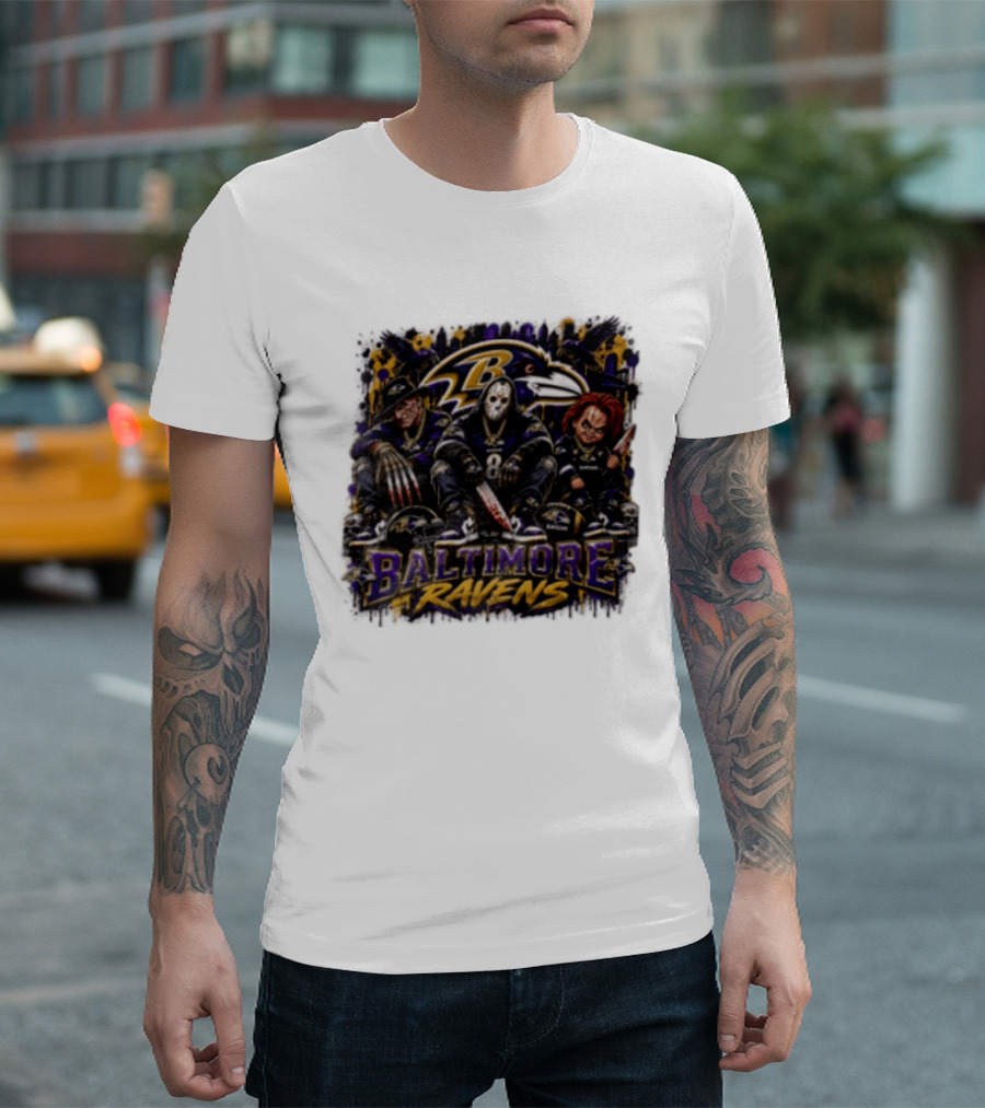 Freddy Krueger Jason Voorhees Chucky Baltimore Ravens Halloween Horror T-Shirt