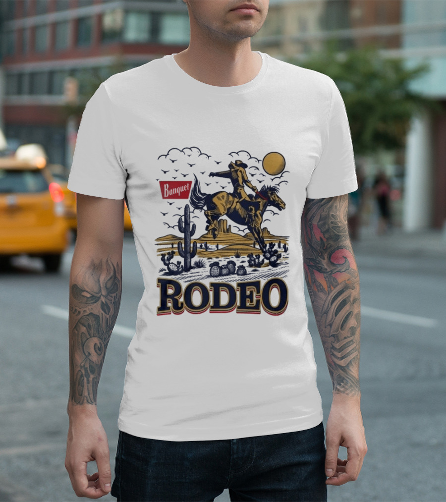 Western Rodeo Cowboy Desert Scene With Cactus And Mountains T-Shirt