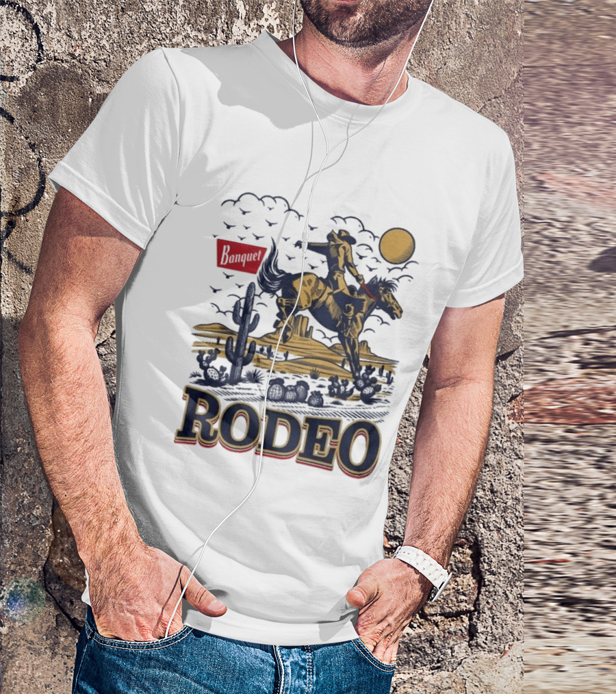 Western Rodeo Cowboy Desert Scene With Cactus And Mountains T-Shirt