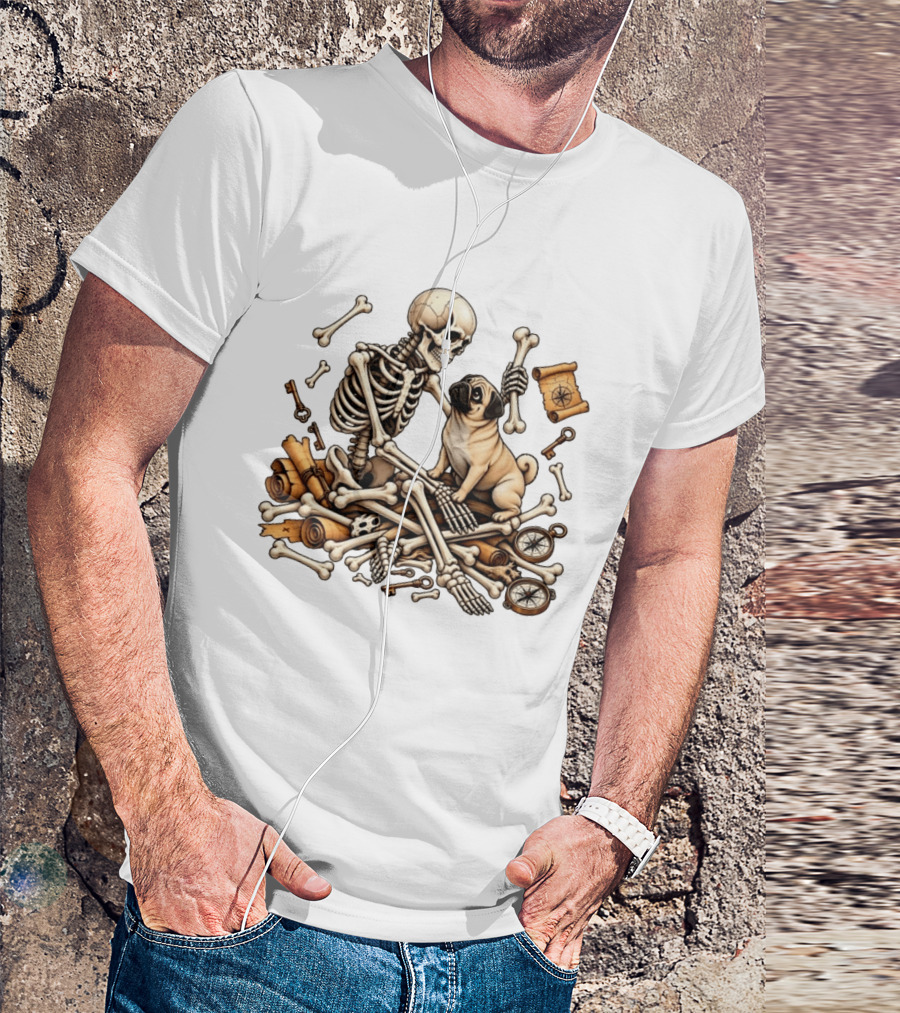 Skeleton Holding Bone With Pug Surrounded By Compass Keys And Treasure Maps T-Shirt