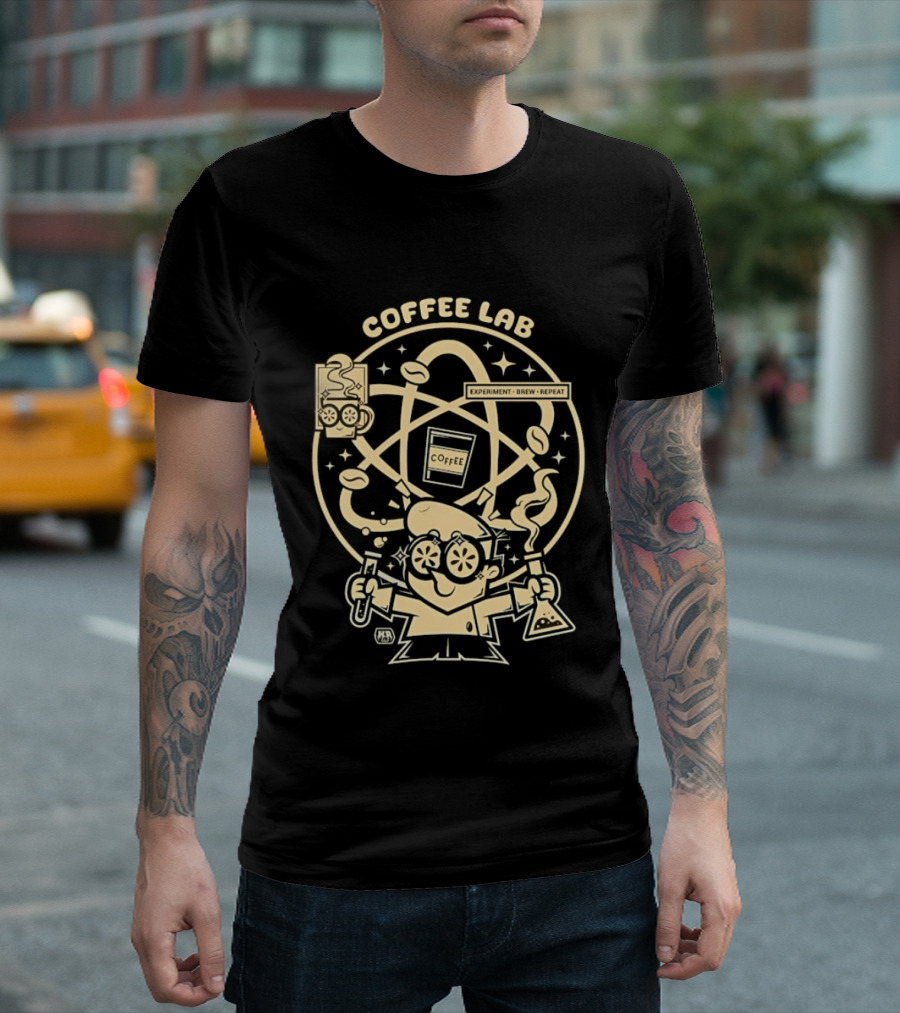 Coffee Lab Experiment Brew Repeat Dexter Scientist Atomic Coffee Cartoons T-Shirt