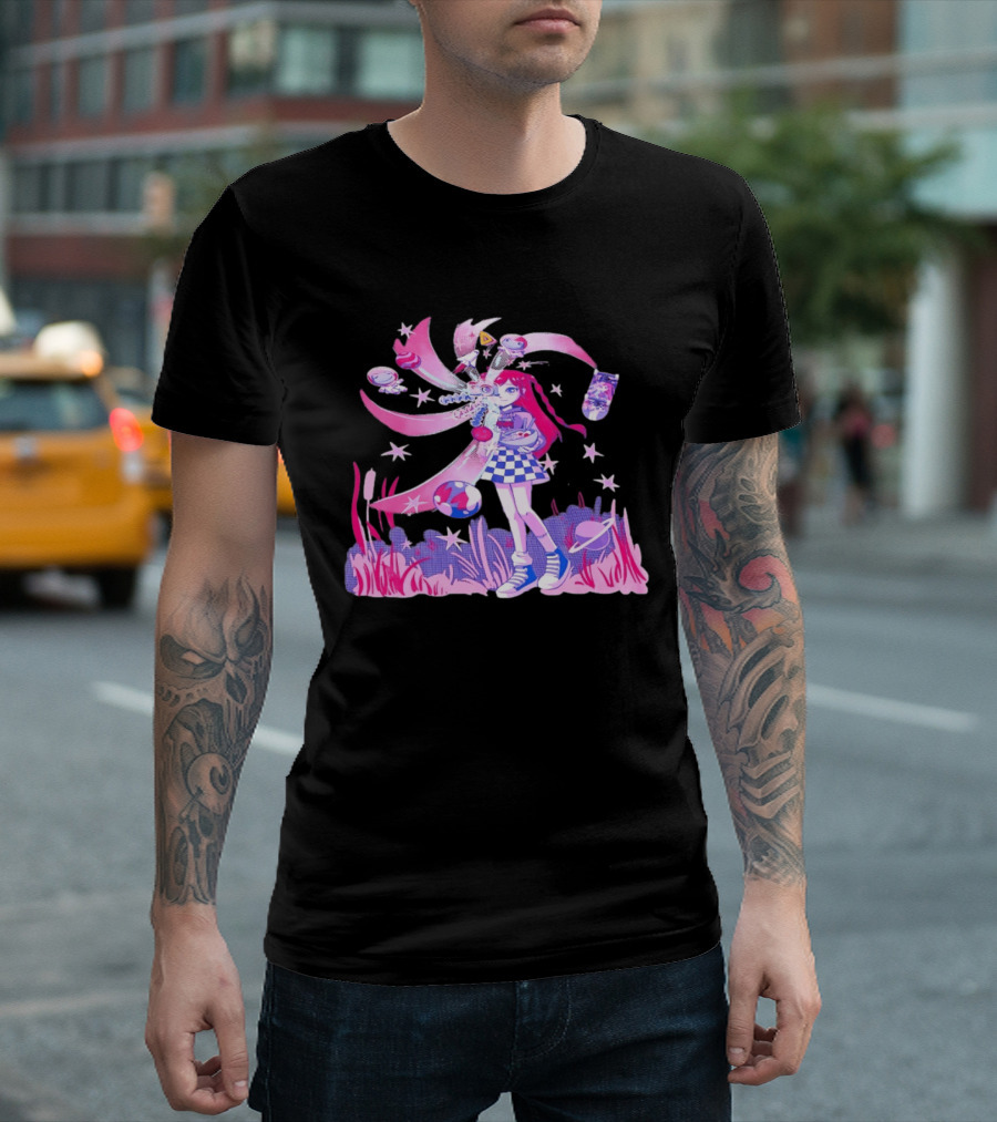 Anime Girl Space Ramen Checkered Skirt Pink Cosmic Stars T-Shirt