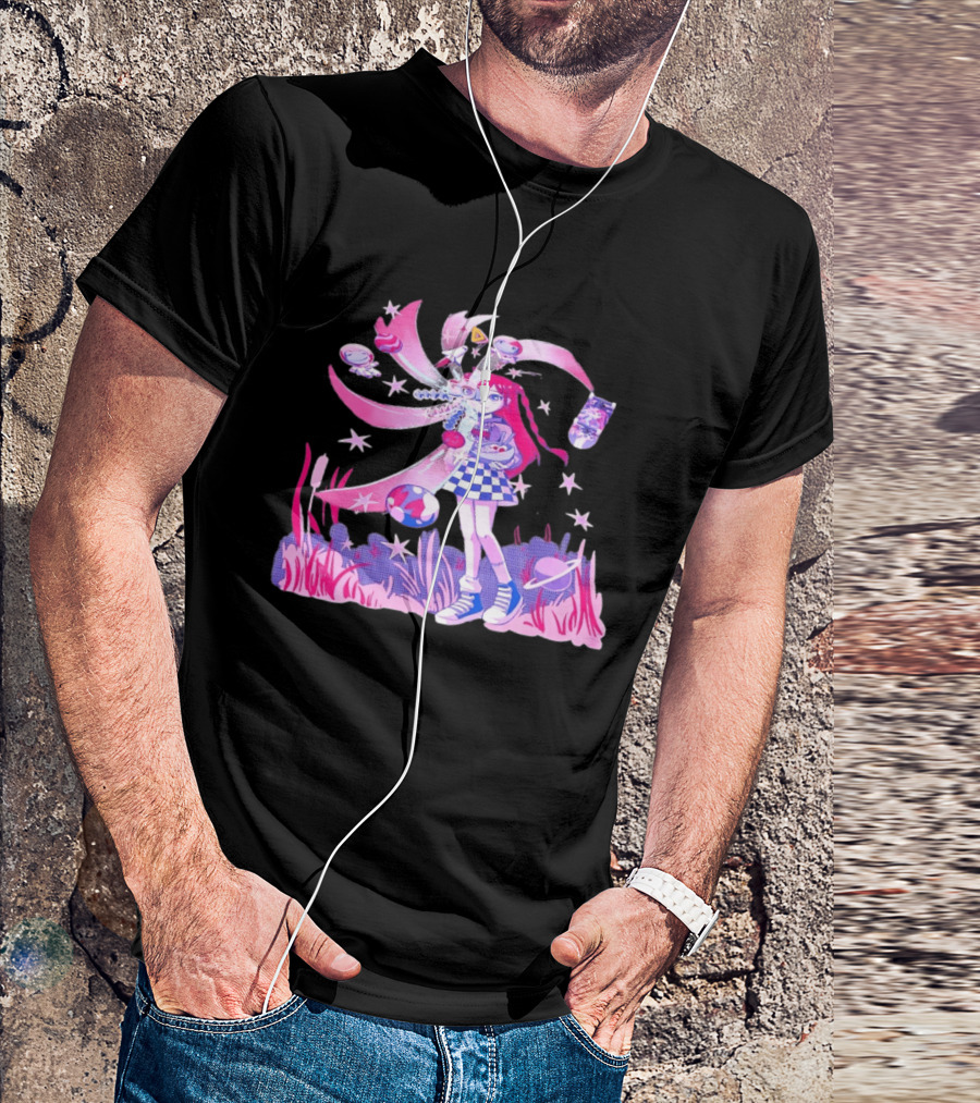 Anime Girl Space Ramen Checkered Skirt Pink Cosmic Stars T-Shirt